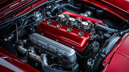 Close-up of the engine bay, showcasing intricate details and advanced technology in an elegant red car's power plant. High-resolution photograph capturing both the mechanical engin