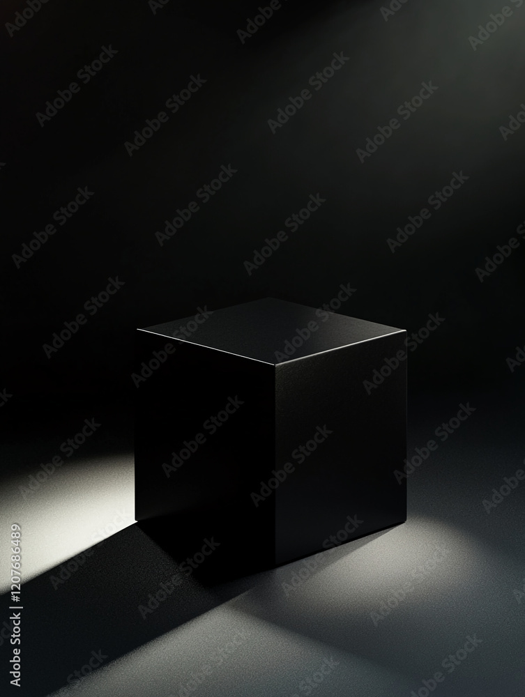 Poster black product podium display with dramatic lighting and shadows on a textured surface in dark minima