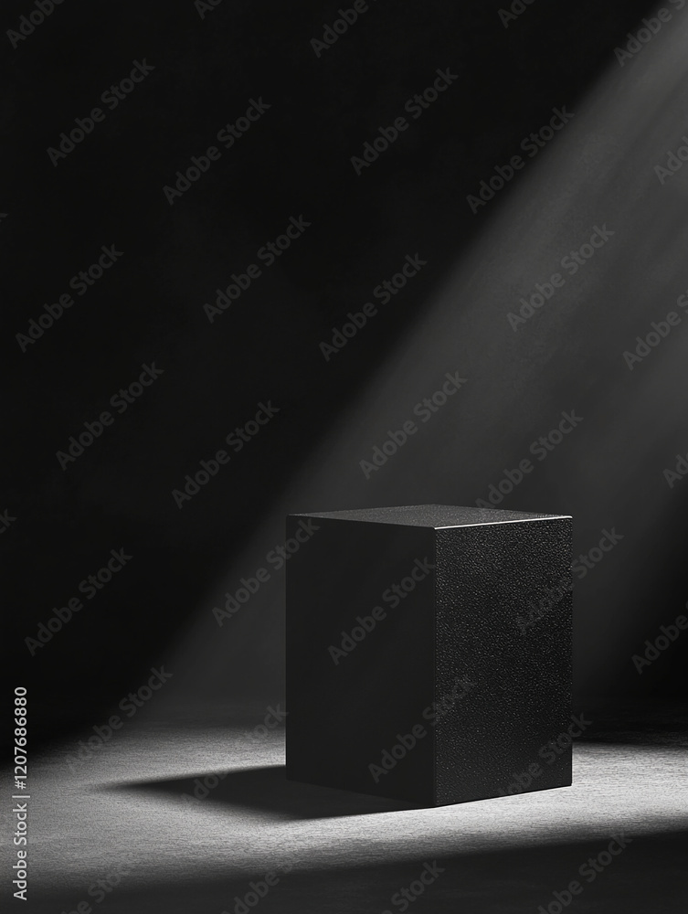 Aufkleber black product podium display illuminated by dramatic light beams on a textured surface in a minimali
