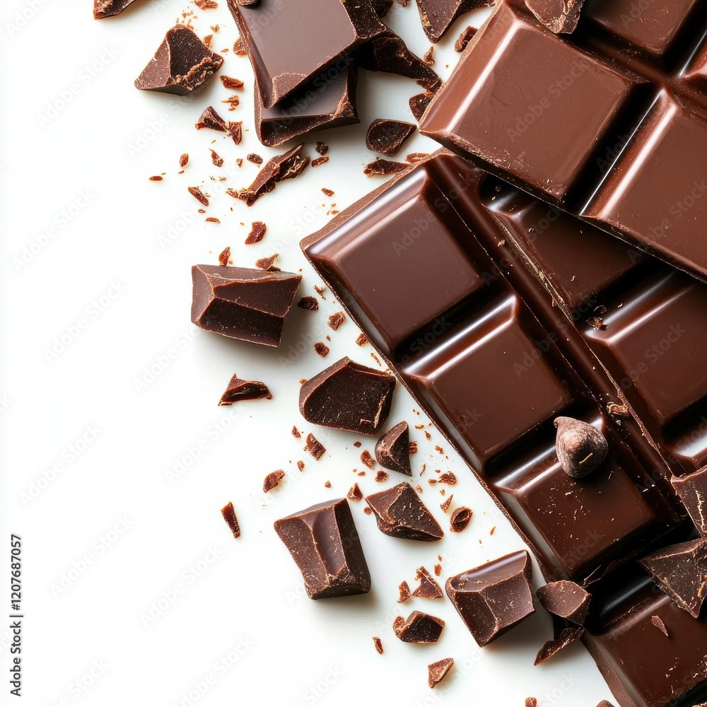 Poster chocolate bars and broken chunks on white surface displaying texture