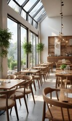 Fototapeta premium Bright and airy restaurant with a focus on natural light and modern furniture, comfortable seating, high ceilings
