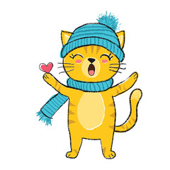 Child-like illustration of singing cat in winter hat and scarf