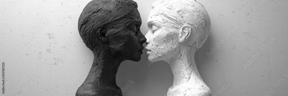 Poster black and white sculptures representing unity through contrast in a minimalist setting