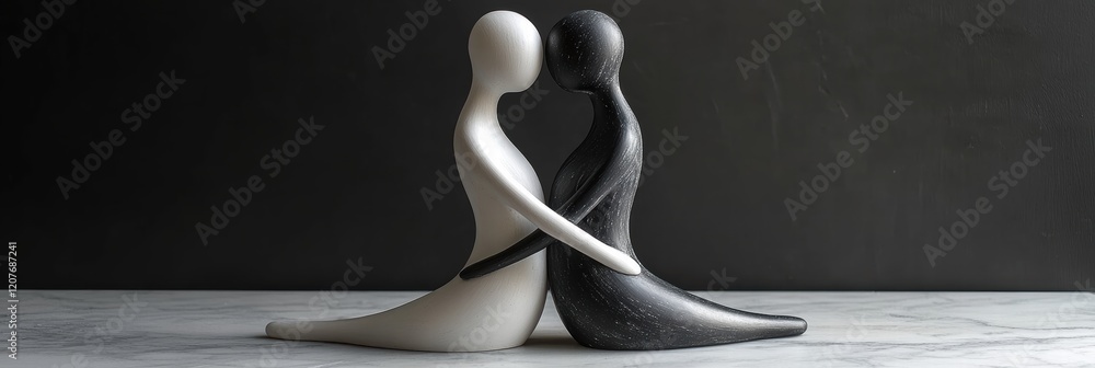 Poster two intertwined figures in black and white expressing unity and connection