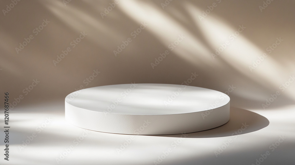 Poster Minimal white circular pedestal with soft light and shadows for product display or showcase