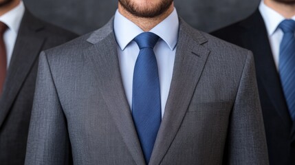 Corporate Powerhouse: A close-up shot of three men in sharp, grey suits and blue ties, conveying an image of corporate strength, reliability, and professionalism. 