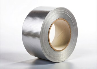 The industrial silver tape roll gleams, its metallic surface stark against a neutral backdrop, documentary style.