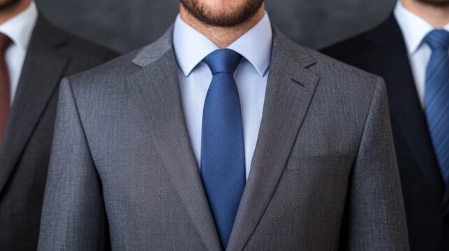 Corporate Powerhouse: A close-up shot of three men in sharp, grey suits and blue ties, conveying an image of corporate strength, reliability, and professionalism. 