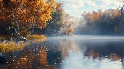 Fototapeta premium Autumnal Serenity: Misty Lake Reflections in a Golden Forest