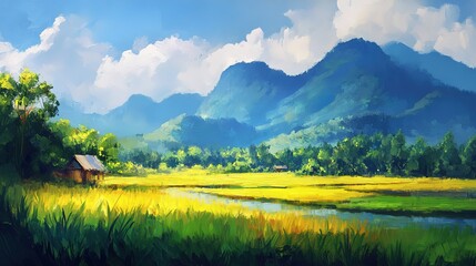 Obraz premium oil painting illustration, small cottage home at rural countryside of Thailand 