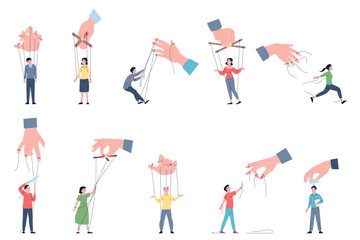 Freedom of manipulation. People puppets breaking strings and get free. Emancipation and independence men women with ropes, fight with control recent vector set