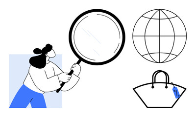 Person holding a magnifying glass, examining a globe and a shopping bag with a tag. Ideal for search, shopping, globalization, exploration, retail, travel consumerism. Simplified abstract line flat