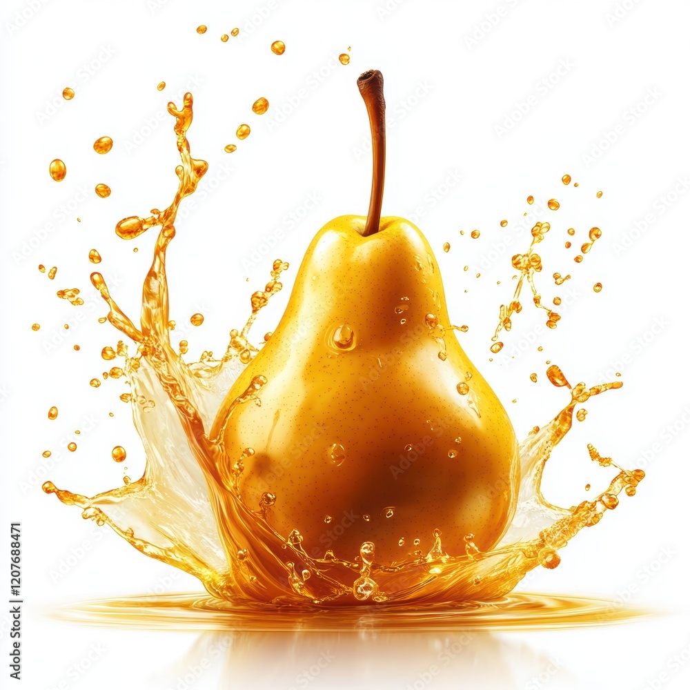 Poster fresh pear with splashing juice on white background