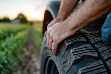 Close-up view of hands gripping a tractor tire in a lush agricultural field, symbolizing hard work and dedication towards maintaining farming machinery for crop production.