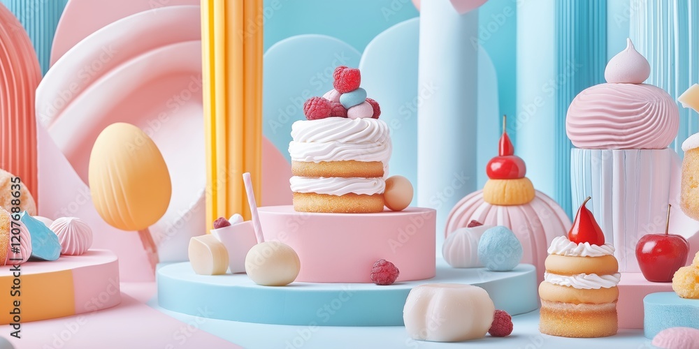 Poster abstract background with desserts and sweets and contemporary abstract shapes in clean and sharp des