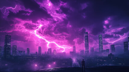 Fototapeta premium Lightning storm in vibrant purple light over urban city, enhancing the dramatic skyline view.