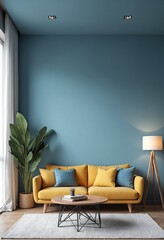 Modern cozy living room and blue empty wall texture background interior design