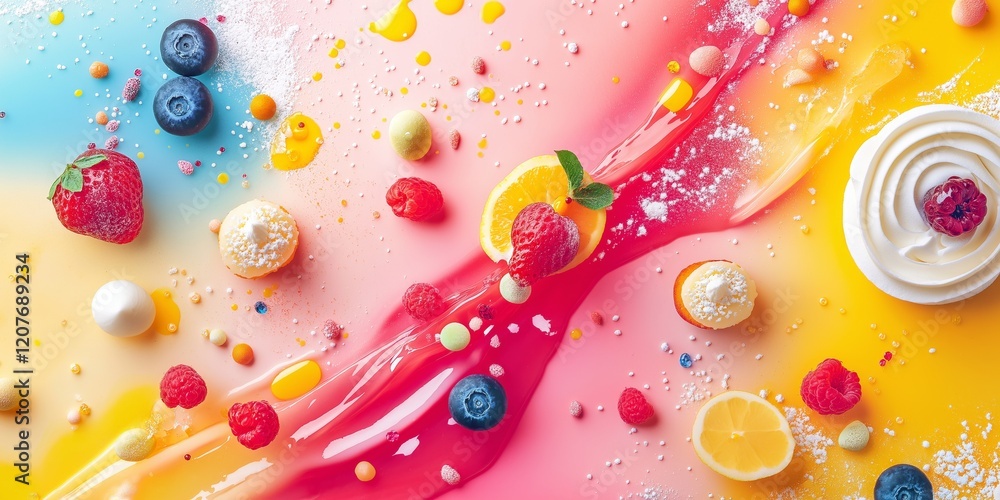 Poster abstract background with desserts and sweets and vibrant splashes of color in artistic patterns, ene