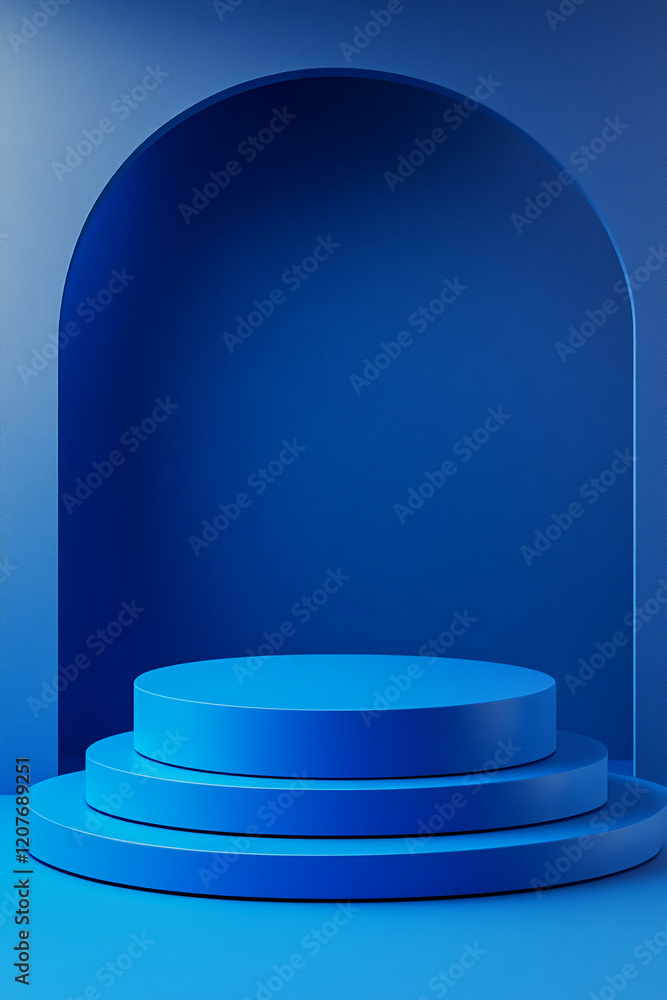 Poster blue podium with arch design in minimalist modern studio for product display and mockup