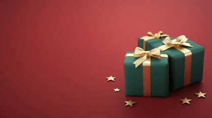 Obraz premium Festively Wrapped Green Gift Boxes with Gold Ribbons and Stars on a Deep Red Background for Holiday or Celebration Themes
