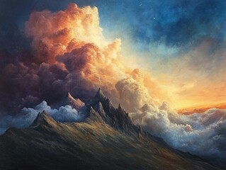 Fototapeta premium A dramatic mountain range is silhouetted against a sunrise sky filled with warm hues and dynamic clouds, creating an awe-inspiring landscape with a sense of peaceful wilderness.