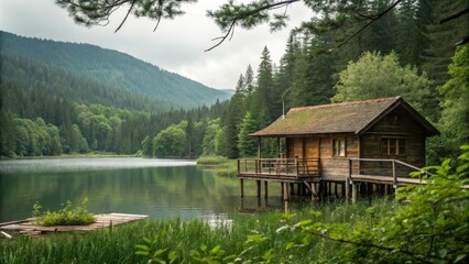 Fototapeta premium Cabin on stilts above the small lake surrounded by lush greenery, serene surroundings, stilt cabin, water's edge, lakefront residence, peaceful atmosphere