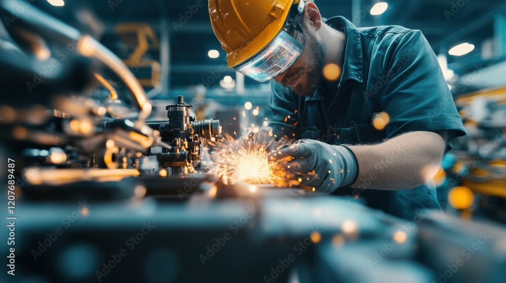 Poster industrial environment with a worker using an augmented reality headset while welding metal componen
