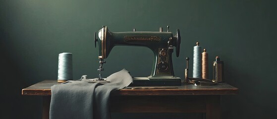 Fototapeta premium A vintage sewing machine with spools of thread on a wooden table with a green backdrop.