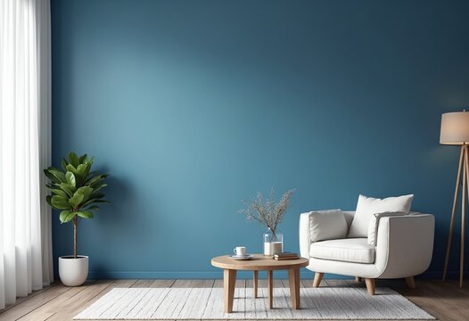 Modern cozy living room and blue empty wall texture background interior design