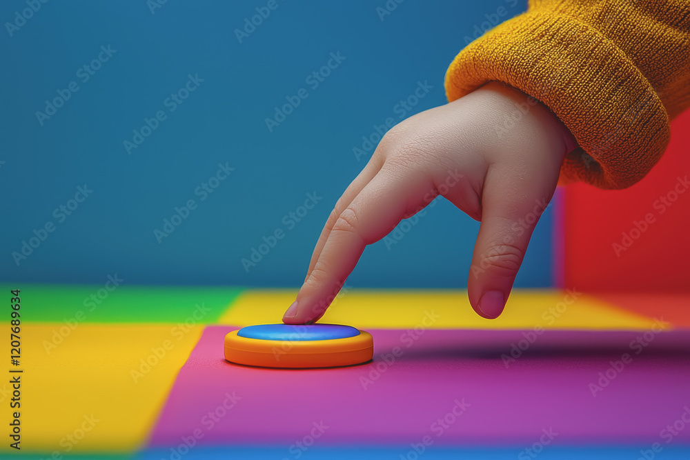 Poster persons hand touching a button on a colorful abstract surface with vibrant hues and patterns in a cr