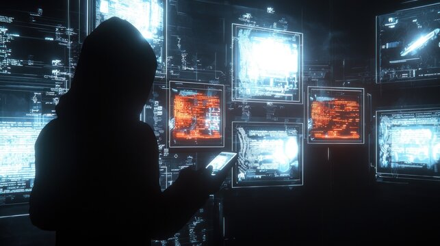 Cybersecurity Hacker Silhouette  with Digital Screens