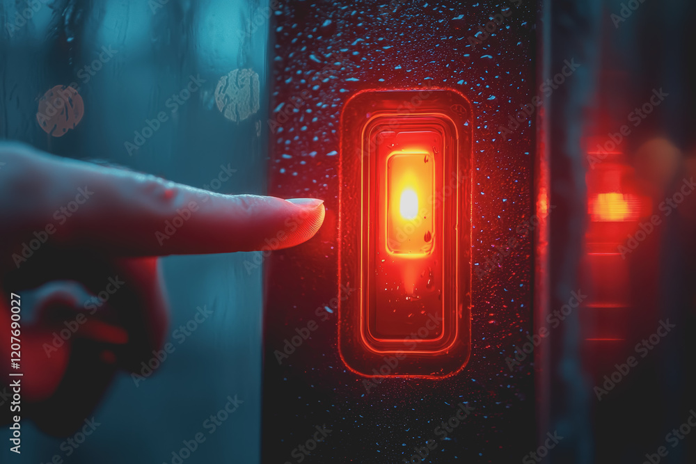 Poster a hand reaching for a door handle with a red light illuminating the scene in a dimly lit environment