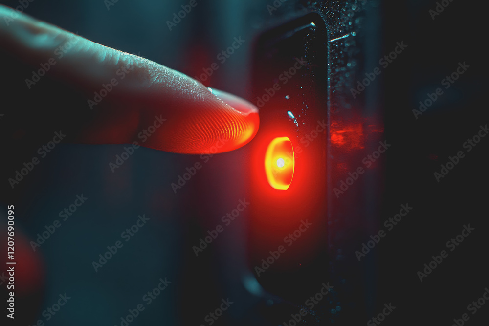 Poster persons hand reaching out to touch a vibrant red light source in a dark environment illustrating int