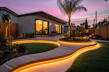 Fototapeta premium A cyberpunk-inspired yard with neon-lit plants, automated gardening bots, and a glowing path leading to a futuristic outdoor lounge