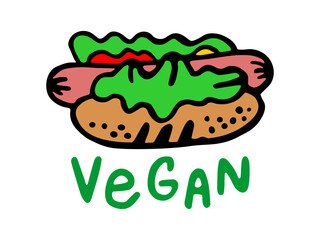 Appetizing vegetarian hot dog with vegan caption. Alternative street food without meat