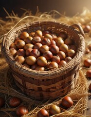 Obraz premium Chestnut basket overflowing with golden brown chestnuts and hay, hay, fall treats
