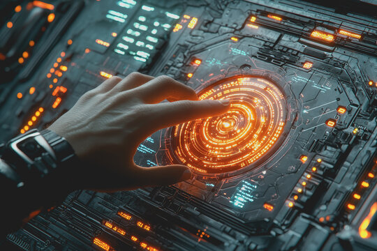 Persons hand touching a button on a computer keyboard in a close-up view showing interaction with technology and digital interface - Powered by Adobe