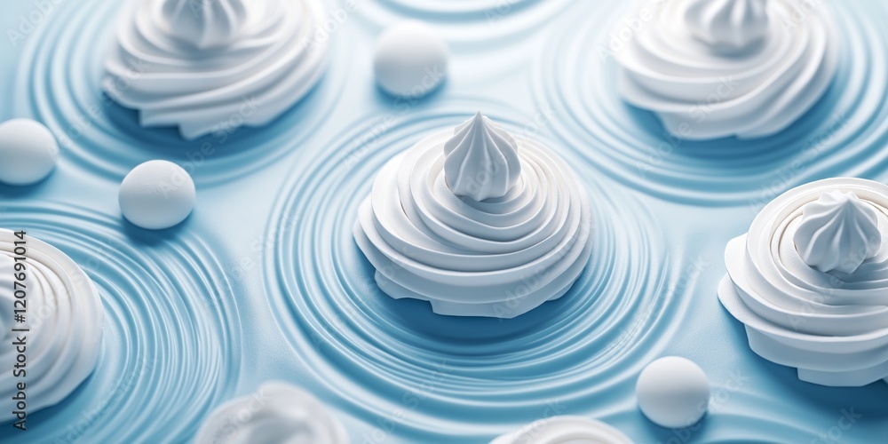 Poster abstract background with desserts and sweets and circular patterns in white and blue tones, smooth a