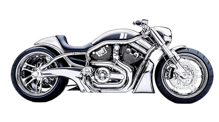 Obraz premium Sleek Silver Motorcycle with Polished Chrome and Bold Design, Isolated on White Background