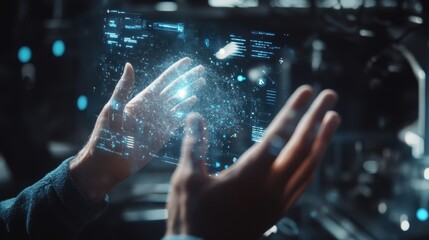 Fototapeta premium Close up of hands manipulating a holographic interface with data visualization in a dark, high tech laboratory, highlighting innovation and technological advancement