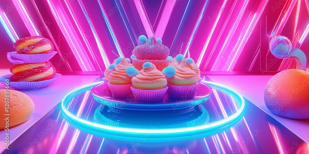 Poster abstract background with desserts and sweets and futuristic neon lights with sharp geometric forms.