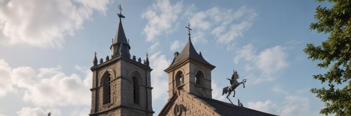 Fototapeta premium Church tower with a distinctive finial and weather vane, Weather Vane, Architecture