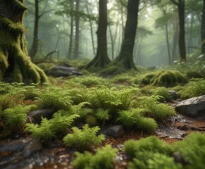 Atrichum angustatum moss growing in a damp, shaded forest floor , dense vegetation, lush greenery, undergrowth