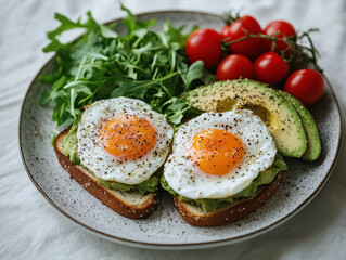 Delicious avocado toast with poached eggs and fresh greens served on a minimalist plate for a healthy breakfast