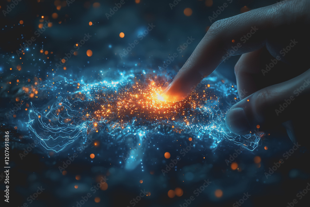 Poster a hand reaching out to touch a glowing light source in a dark environment creating a sense of wonder