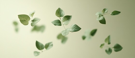 Green leaves floating on a light green background.