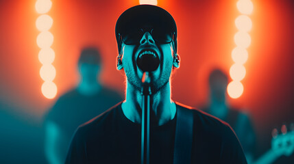 Energetic live performance by singer concert venue music event vibrant lighting close-up passionate expression