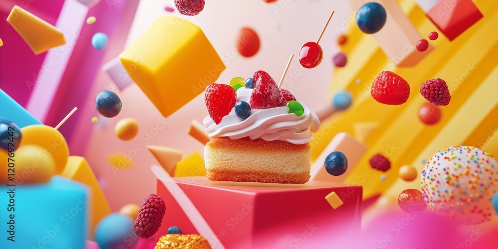 Poster abstract background with desserts and sweets and geometric patterns in vibrant multicolor tones, sha