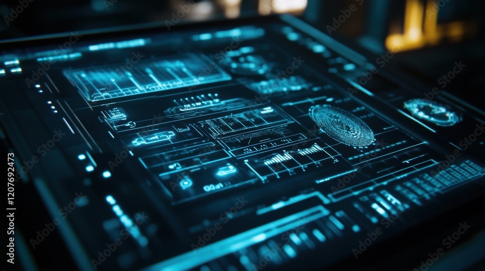 Poster futuristic transparent display showcasing complex data analysis, charts, graphs, and fingerprint rec