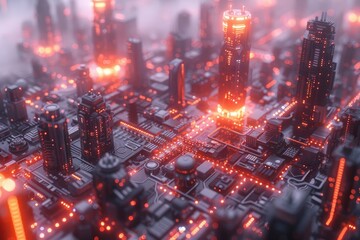 Rewritten command: Futuristic neon metropolis cut out on a white background